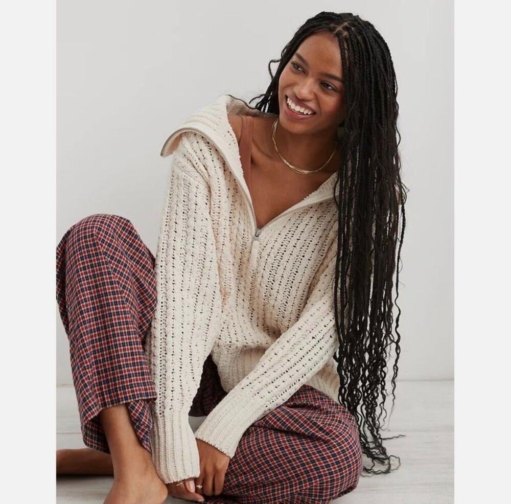 Aerie Cream Chenille Chunky Knit Quarter Zip Sweater Size XXS